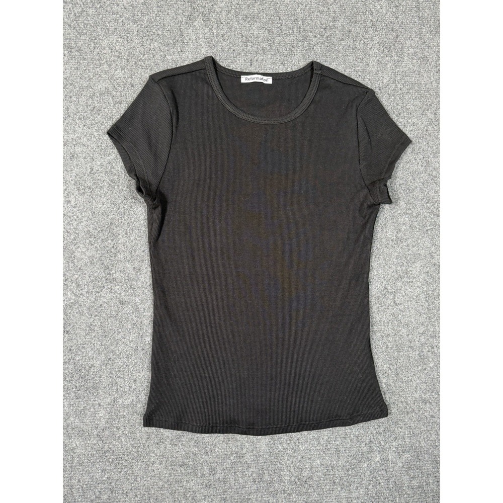 Reformation Women's XS Black Ribbed Organic Cotton Fitted T-Shirt Tee